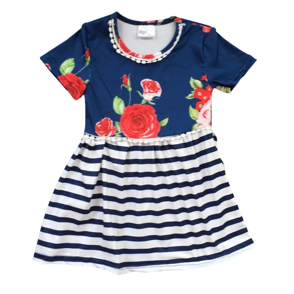 Little Toddler Girl Kids Floral Stripes Short Sleeve School Girls Outfit Skirt